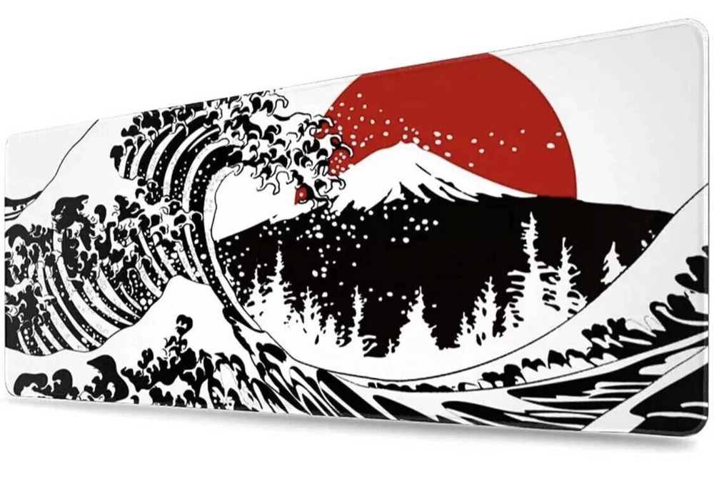 Japanese Black White Wave Red Sun extended gaming desk mouse pad